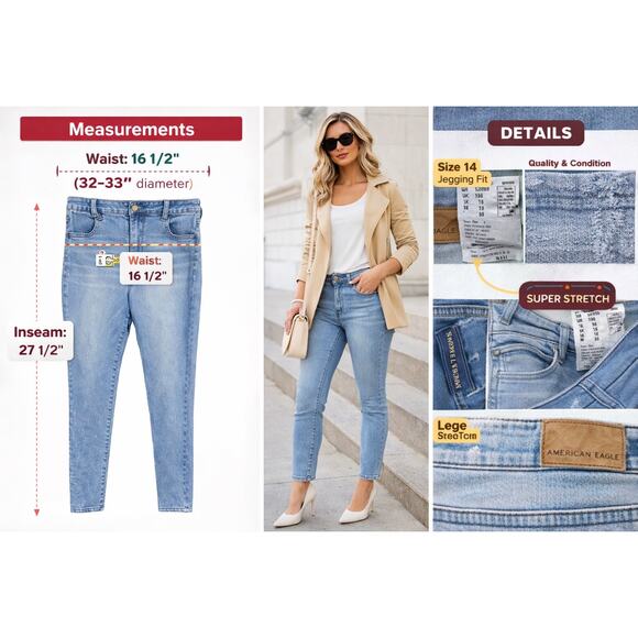 American Eagle Jegging Jeans Women 14 Light Wash Y2K Stretch 33x27.5 Ankle - Picture 2 of 10